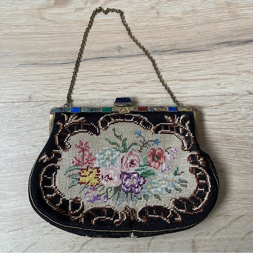 Vintage Floral Petit Point Needlepoint Bag - Purse - Handbag Jeweled Frame *J13